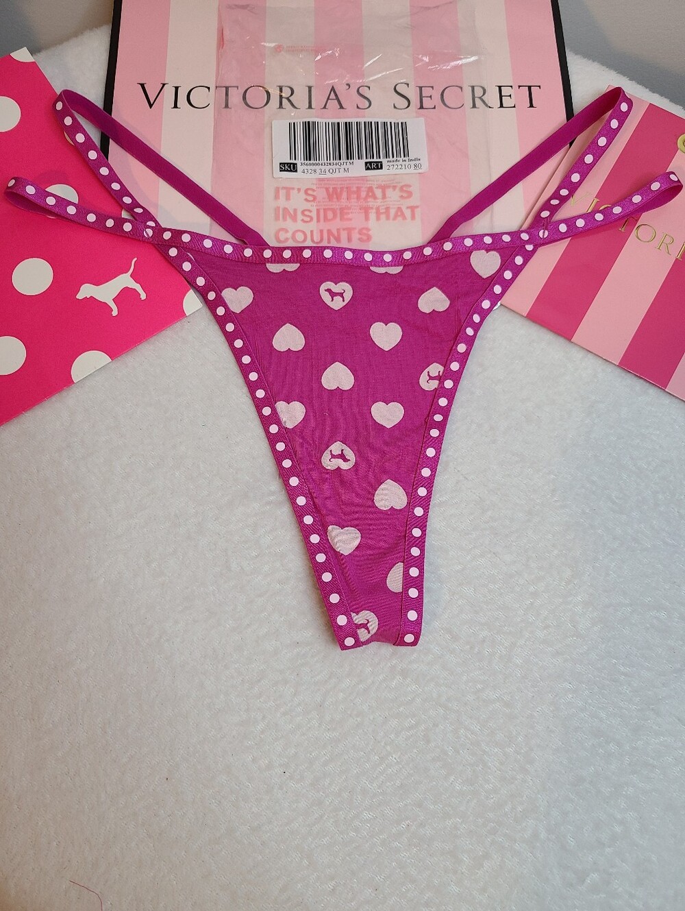 VS PINK Graphic Cotton High Leg Strappy V-string Thong Panty Size M
